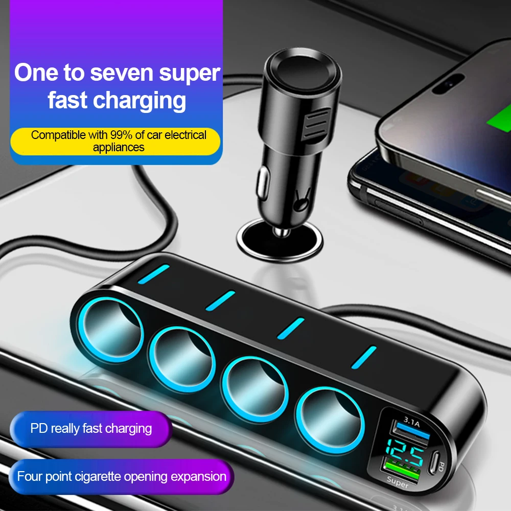 7 in 1 USB Type C 4-Socket Car Cigarette Lighter Splitter Fast Charger Phone Power Adapter for Car DVR GPS Dashcam 12V 24V