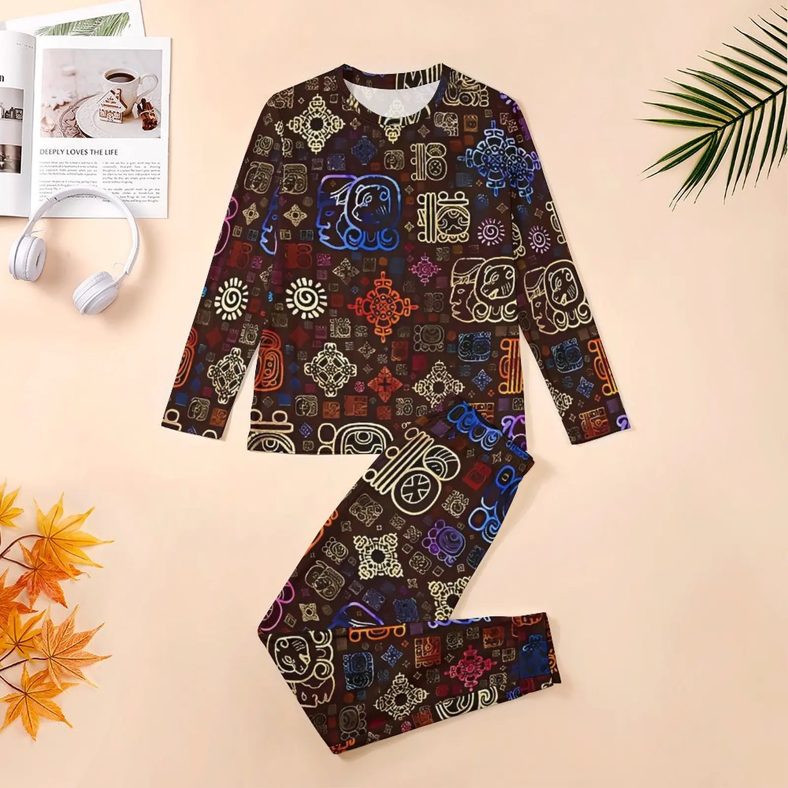 Aztec Art Pajamas Winter Mayan Glyphs Room Sleepwear Men 2 Pieces Pattern Long Sleeves Kawaii Big Size Pajama Sets