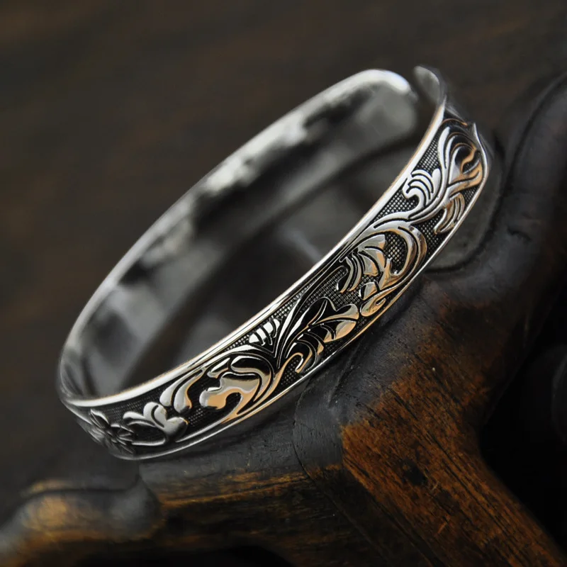 925 Sterling Silver Women's Classic Jewelry Gift Set Vintage Fashion Bangle with Ethnic Lotus Leaf Pattern Retro Open Bangle