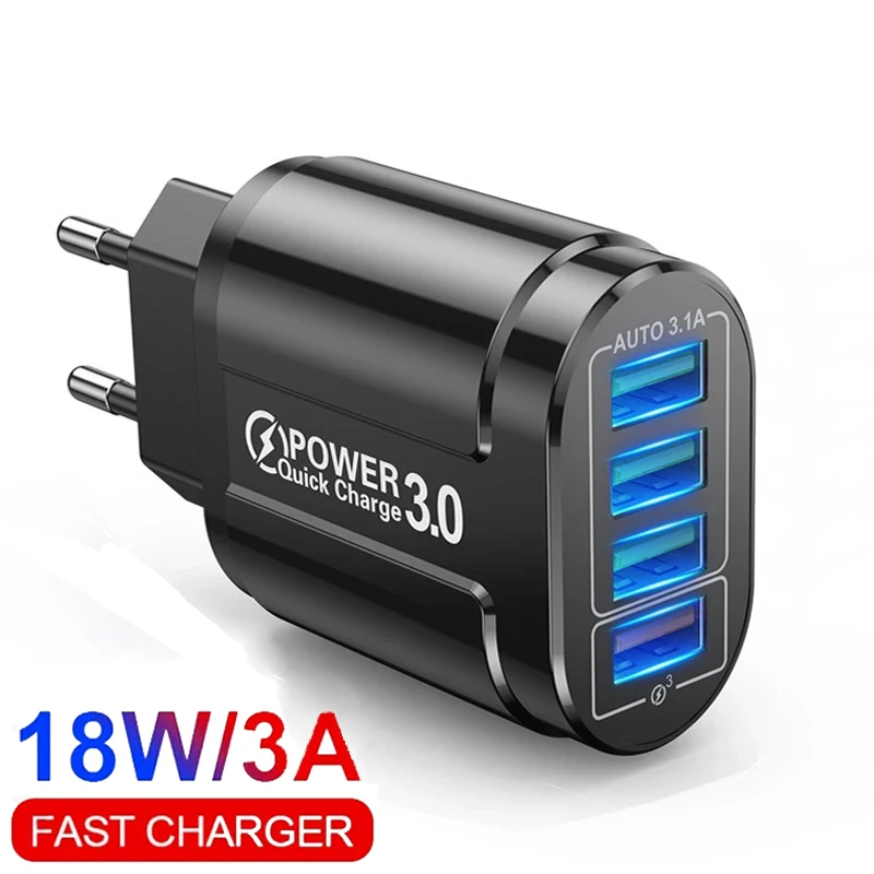 USB Charger Fast Charging Charge 3A 5V Quick Charger 3.0 4 Ports LED Light Phone Charge Adapter EU US Plug Charger Accessories