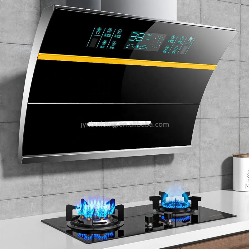 Tipi moderni di alta qualità Camino da cucina Cappa da cucina personalizzata all'ingrosso Estrattore per cappa da cucina in vetro curvo