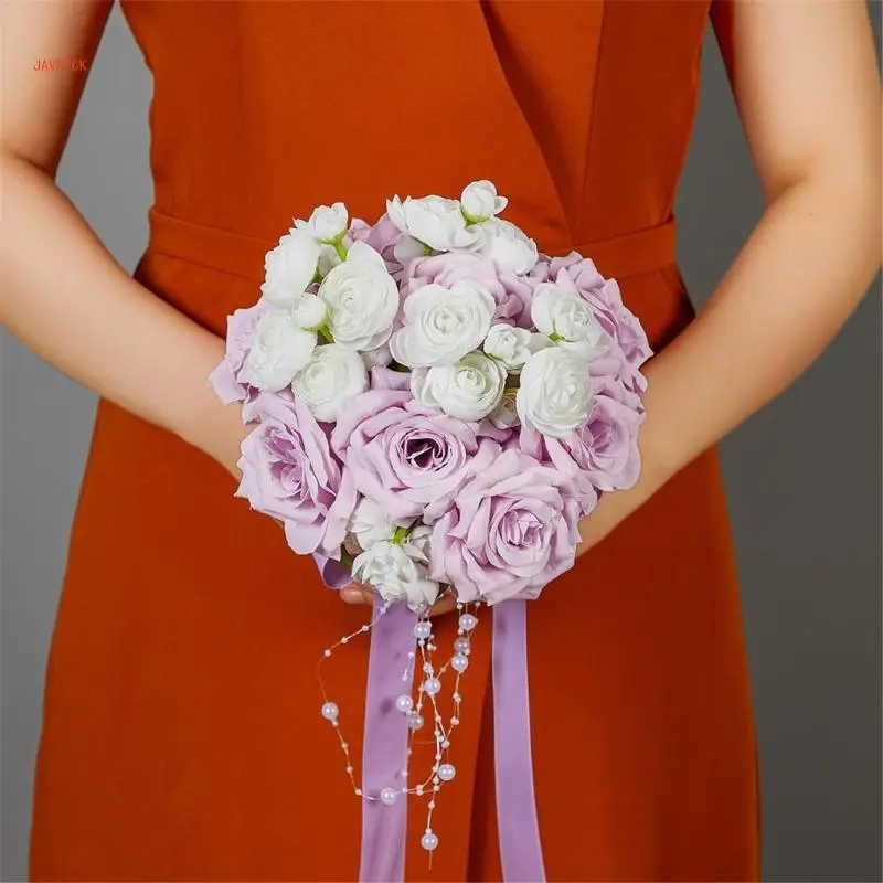 N1HE Bride Bouquet Handmade Wedding Decoration Flowers Combo Lavender Rose Bouquets for Graceful Anniversary Celebration