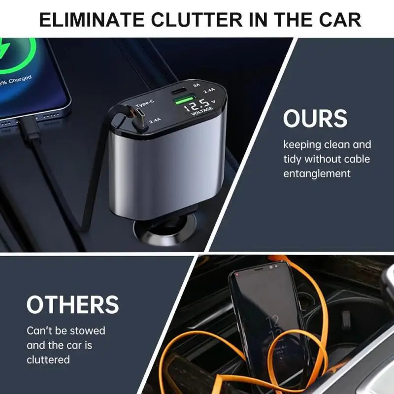 شاحن سيارة جديد، كابل صغير 4 في 1 قابل للسحب، شحن سريع من النوع C للهواتف المحمولة. #5