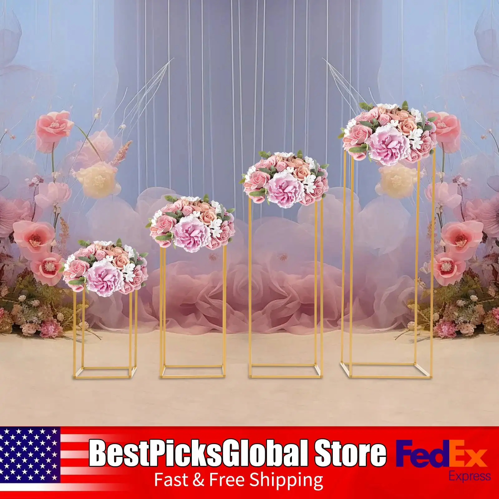 

4 PCS Flower Stand Set(40 60 80 100cm), Square Tube Wedding Stand, Freestanding Flower Holder, Decorative Metal Stand for Party