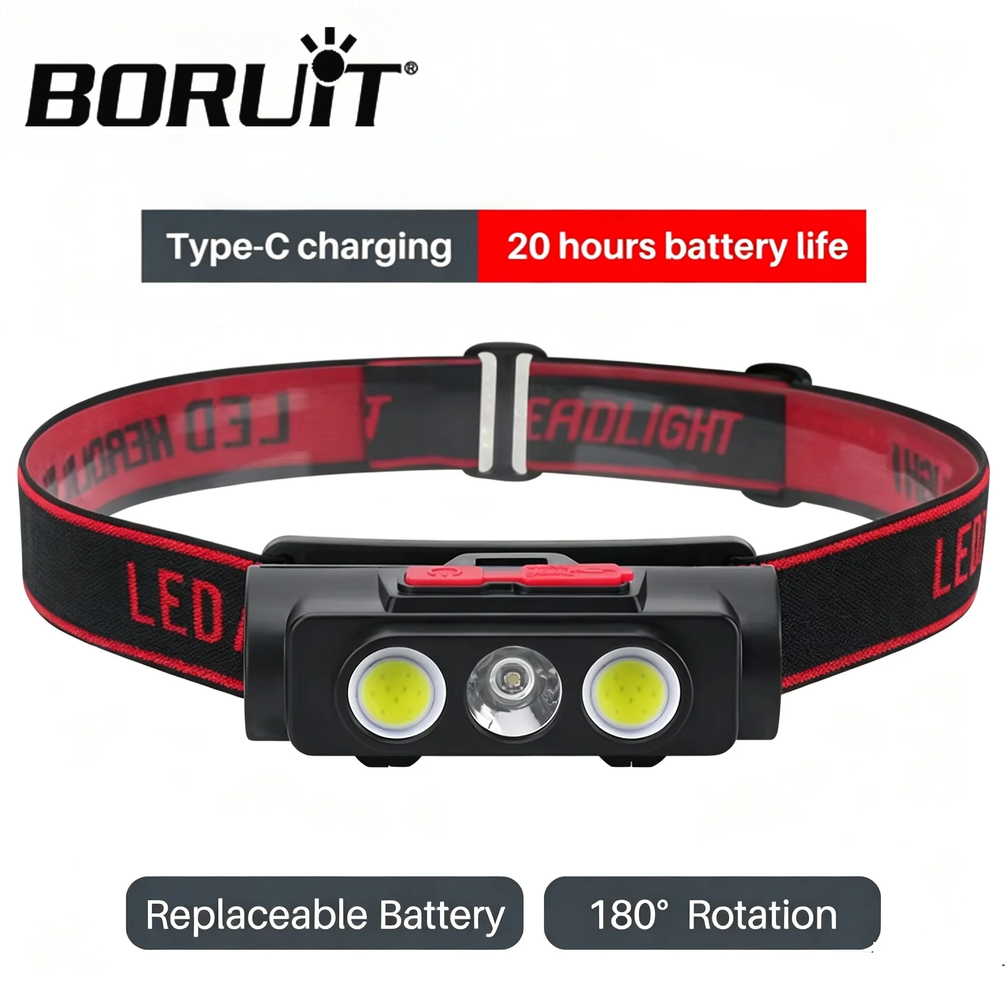 BORUiT LED Headlamp 5 Lighting Modes USB-C Rechargeable 18650 Battery Waterproof Portable Outdoor Camping Fishing Headlight