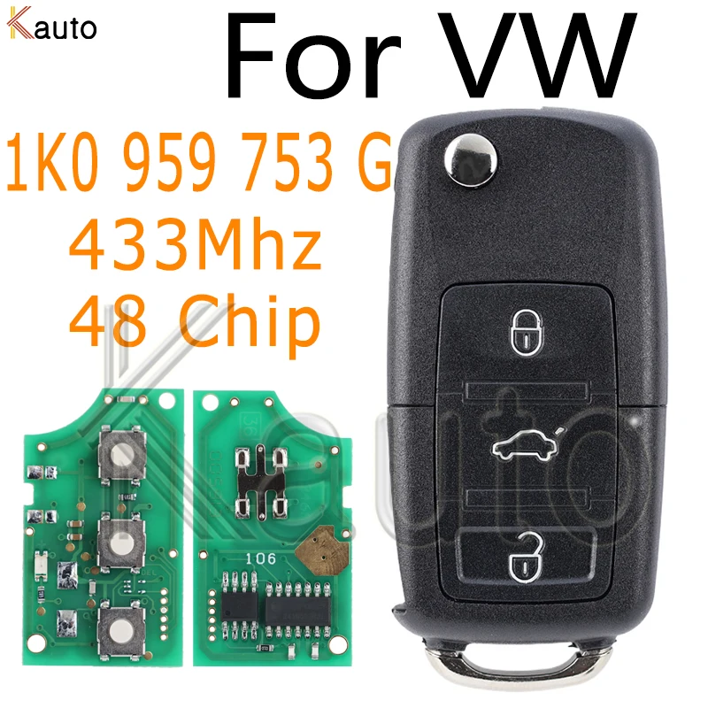 1K0 959 753 G Car Flip Remote Key For VW Volkswagen Golf Passat Polo Jetta Touran Bora Sharan ID48 Chip 434 MHz Auto Smart Key