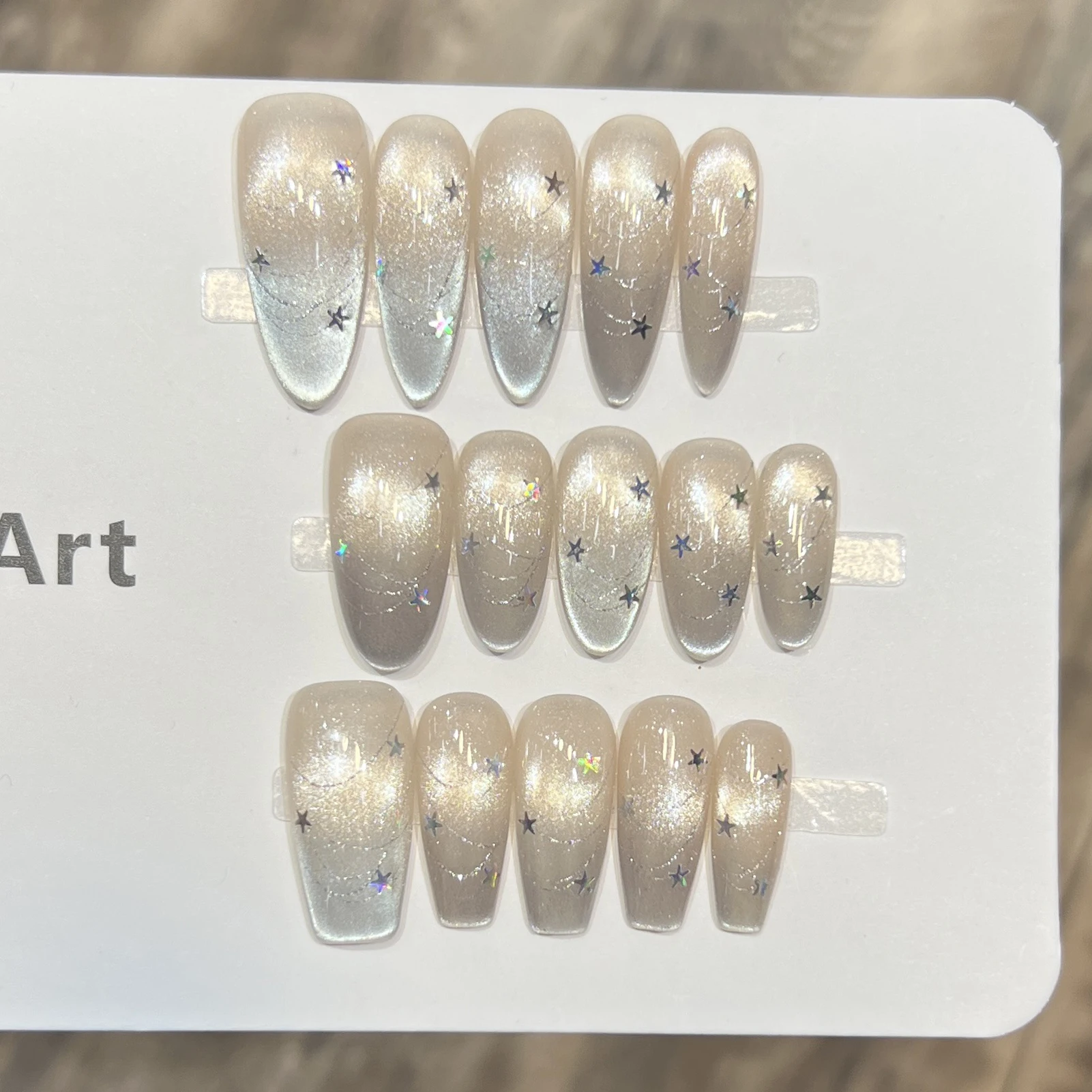 10 Stück blaue Katzenaugen-französische Glitzer-Kunstnägel, handgefertigt, Sommer, Meersalz, leuchtende Maniküre, künstliche Nägel, Mandel-/Leiterform