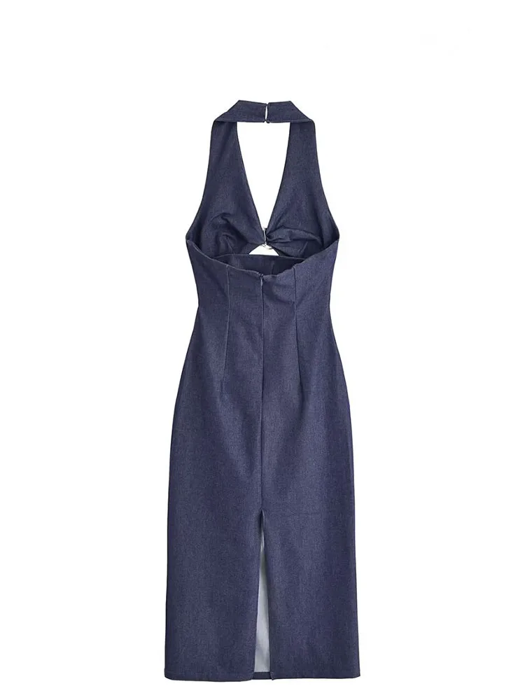 HH 2025 verano mujer moda espalda descubierta dobladillo dividido espalda vestido con cremallera mujeres sin mangas diseño abierto cuello Halter vestido Midi