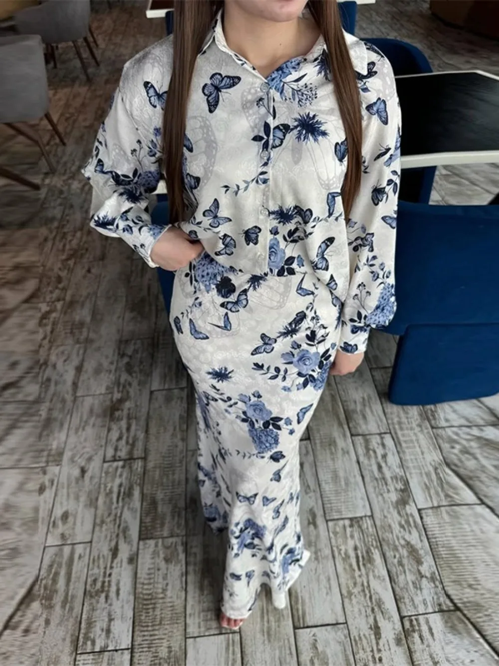 Eid Donna Stampa Camicia Gonna Musulmano 2 Pezzi Set Abiti Largos Partito Caftano Jalabiya Ramadan Dubai Caftano Arabo Abito Lungo 2025