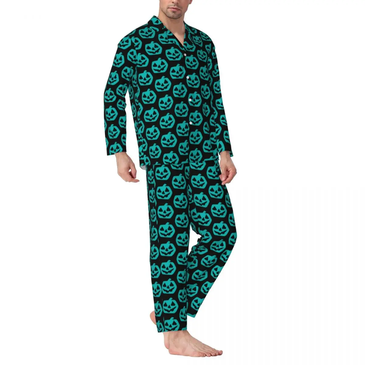 Halloween Sleepwear Autumn Teal Pumpkin Print Retro Oversize Pajama Sets Male Long Sleeve Cute Soft Room Printed Nightwear