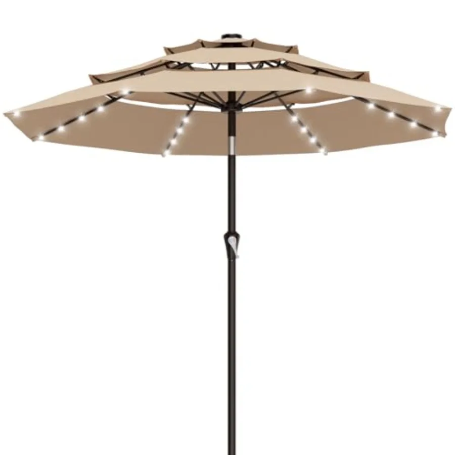 9ft 3 Tiers Patio Umbrella with Solar Lights, Outdoor Umbrella w/ 32 LED Lightsand8 Sturdy Ribs, Table Umbrella for Deck, Backy