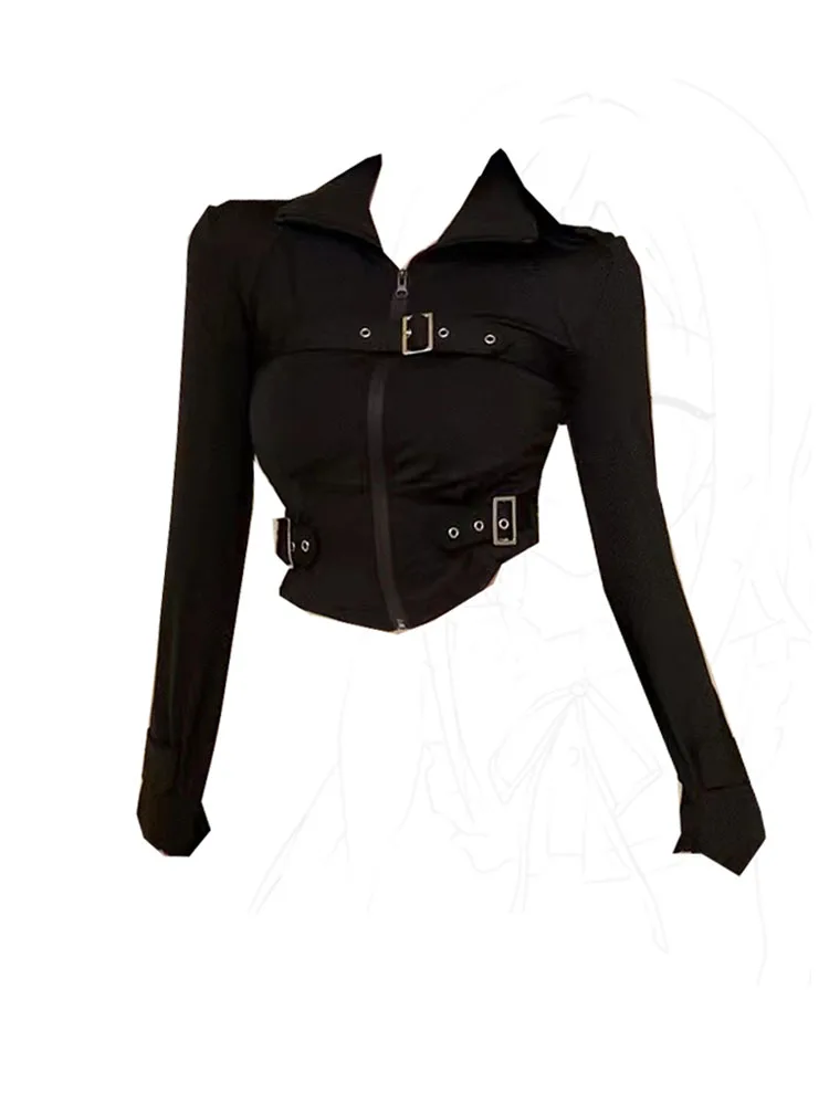 

Black Fashion Gyaru Long Sleeve T-Shirts Women New Sashes Design Slim Crop Tops Autumn 2024 Trend Gothic Turn-down Collar Tees