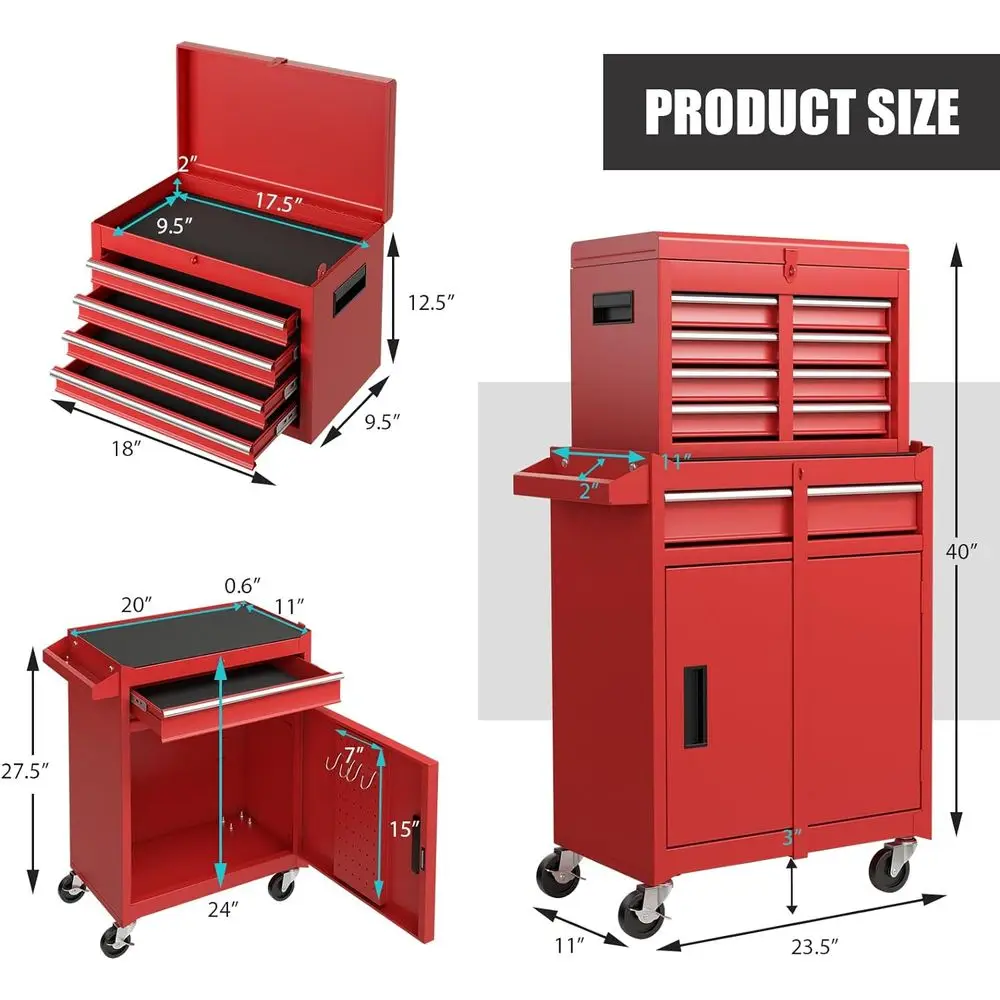 5-Drawer Rolling Tool Chest with Detachable Top, Lockable, Metal Storage Cabinet for Garage and Workshop