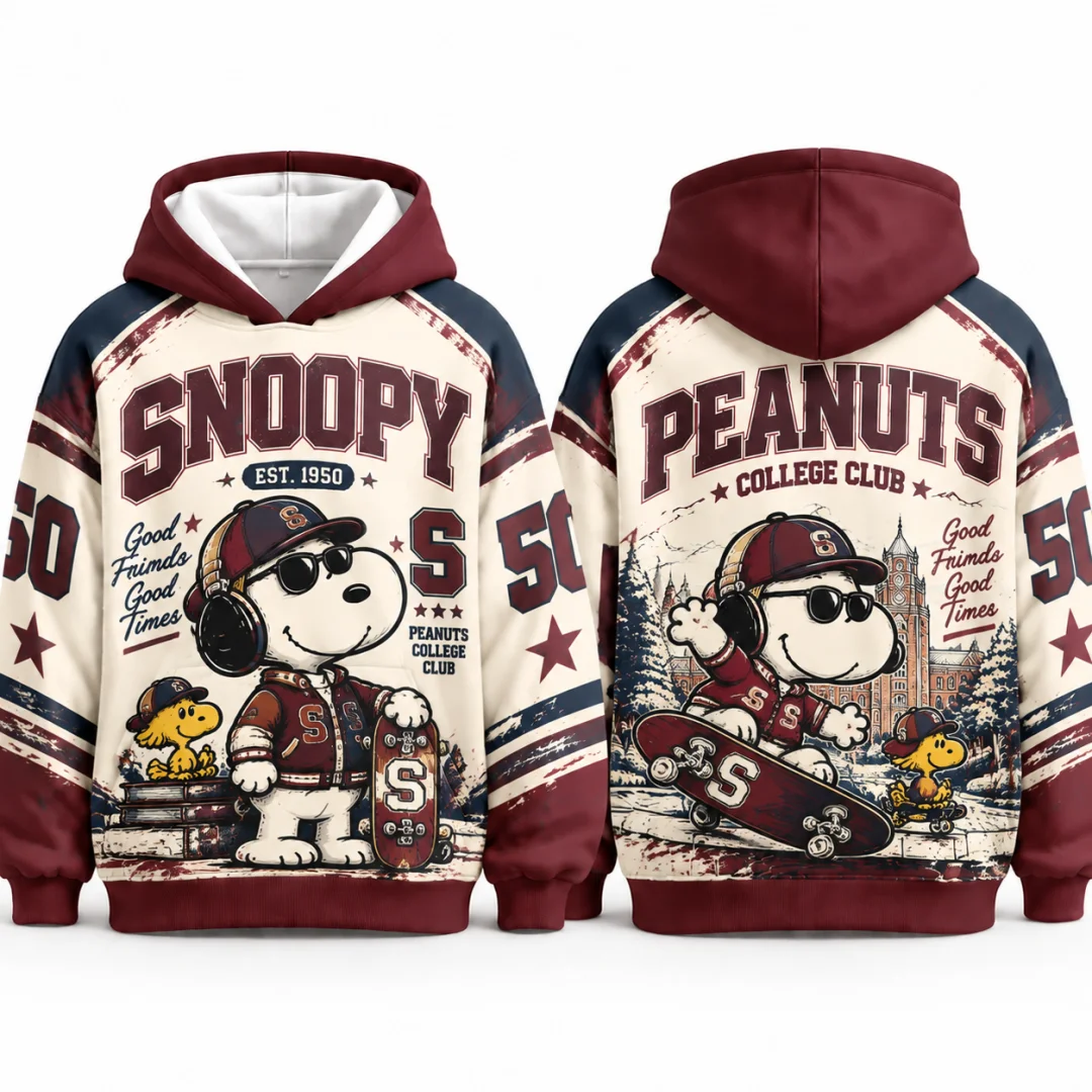 Men's Snoopy College Club Hoodie Vintage Pullover Hooded Sweatshirt Casual Streetwear Hip Hop Tops Kids Clothes Sweatshirts ﻿