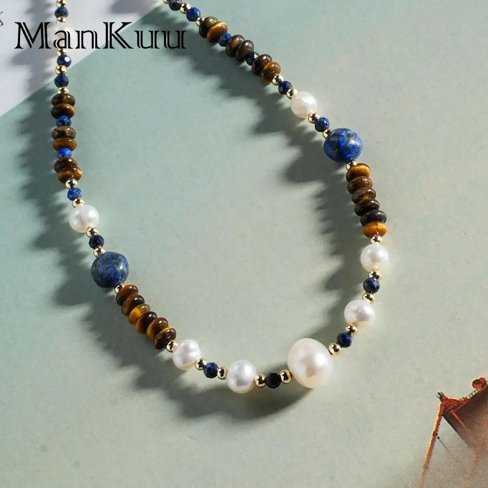 

ManKuu Natural Tiger Eye & Lapis Lazuli with Freshwater Pearl Y2K Adjustable Choker Cut Facted Beaded Jewelry Necklace for Women