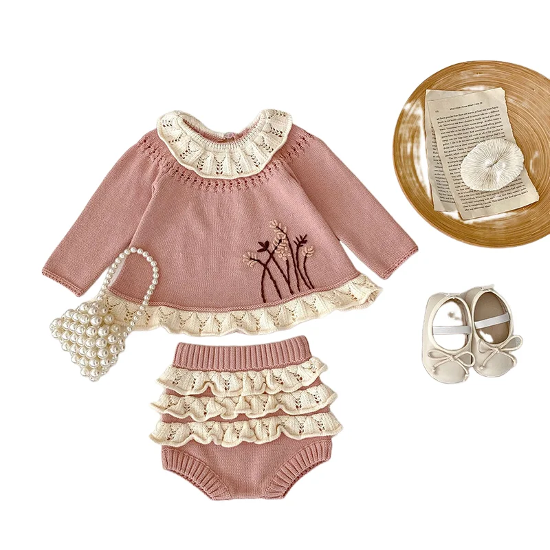 Spring 2pcs Toddler Infant Newborn Baby Girl Lotus Collar Long Sleeve Knitted Blouse + Knitted Flare Shorts Cute Princess Outfit