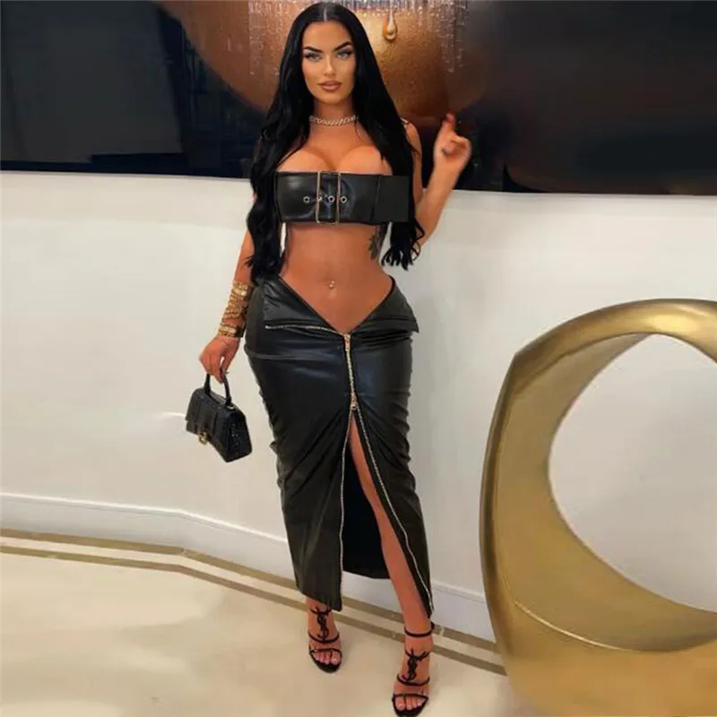 Sexy Night Club Two Piece Set Women Pu Leather Strapless Metal Button Crop Top Skinny Front Zipper Long Skirts Party Y2k Outfits