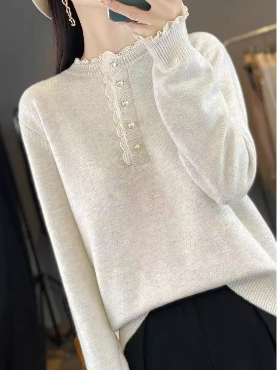 Faionable الدانتيل طوق محبوك سترة مع خليط الأزهار تقليم المخرج ربيع الخريف ملابس داخلية Sli طويلة Sve #4