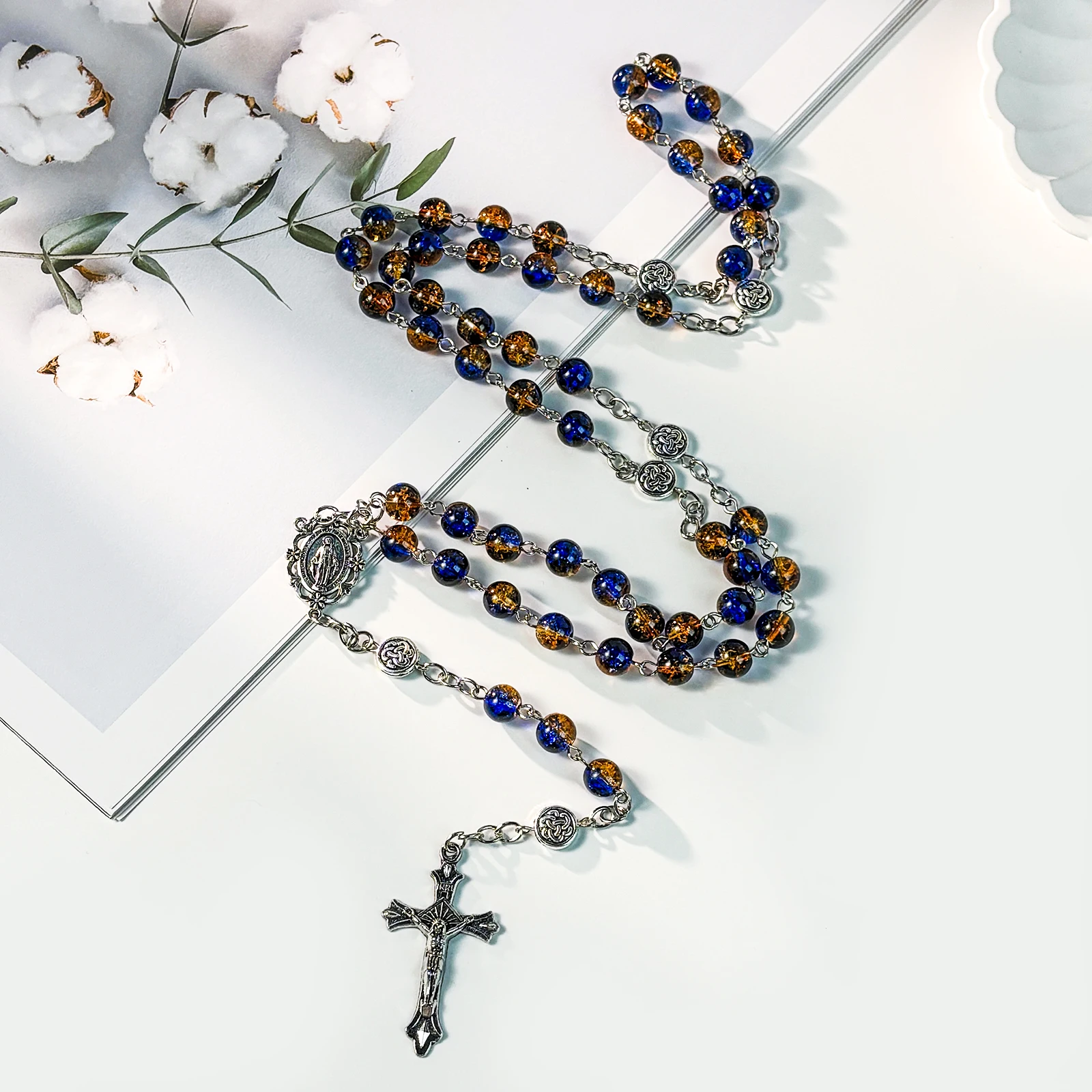 Catholic Rosary Beads Neclace- Blue & Amber Crackle Glass Beads Prayer Rosary Necklace for Women Religious Gifts