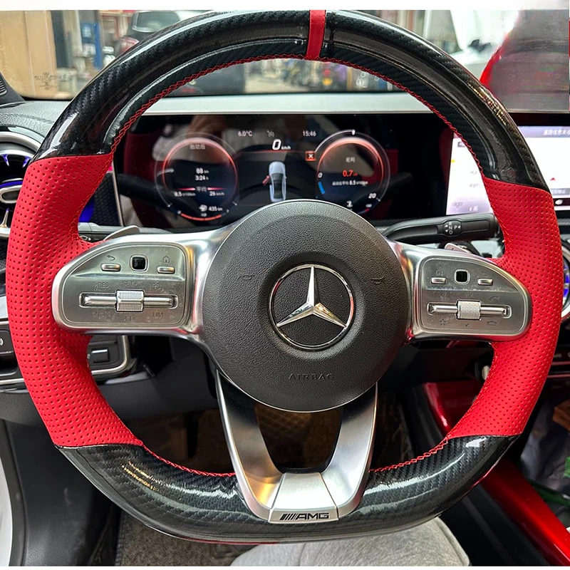 

Сшитый вручную красный чехол на руль из натуральной кожи для Mercedes Benz W177 V177 W247 W205 C118 C257 W213 EQA 2018-2021