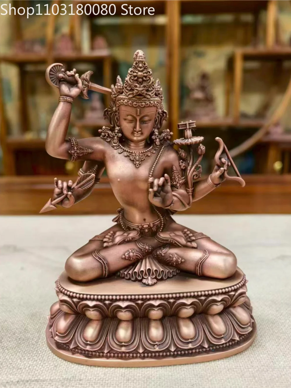 15cm Red Copper Hand Carved Four Armed Manjushri Statue Malla Style Tibetan Manjusri Altar Decor