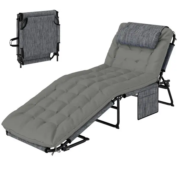 

Outsunny Gray Folding Chaise Lounge Chair with 4-Level Reclining Back Breathable Mesh Fabric Cushion Headrest for Outdoor