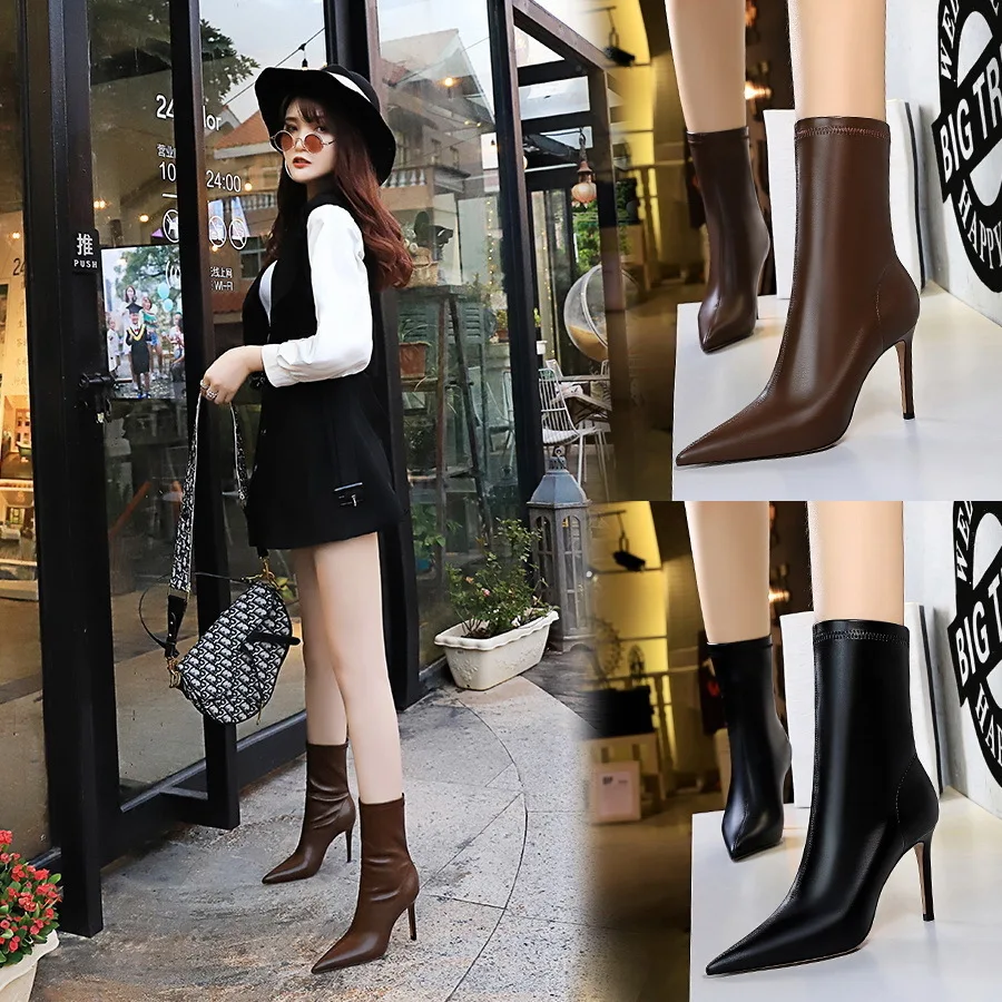 

2024 Women Wind Winter Fashion Simple High Heel Pointy Sexy Nightclub Short Women's Slim Boots Pumps Ladies Shoes туфли женские