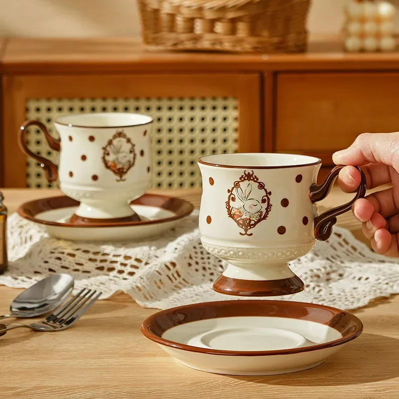 Ceramic Coffee Cup French Cute Rabbit Mug High Beauty Makeup for Home Afternoon Tea Cups Small Edition Cup Plate Set Drinkware