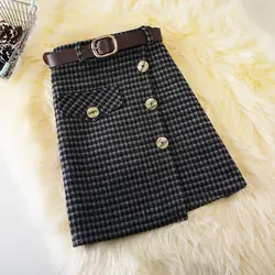 Woolen Midi Skirt for Women in Autumn and Winter Plus Size Fashion Irregular High Waist Slimming Short Plaid Woolen A-line Skirt