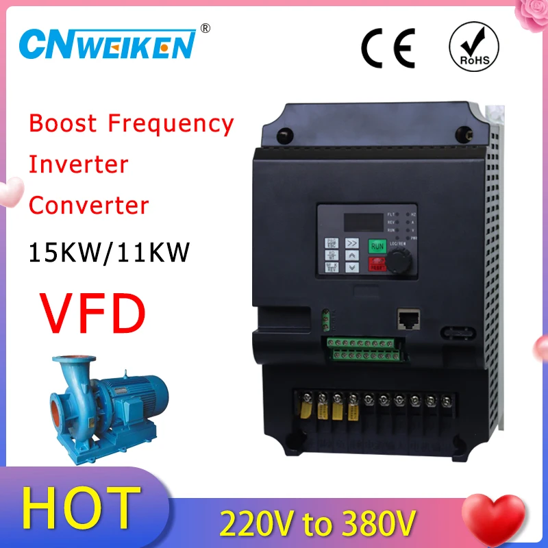 Boost Frequency inverter 15KW 20HP Single phase 220V converter to three phase 380v AC power transformer For motor VFD