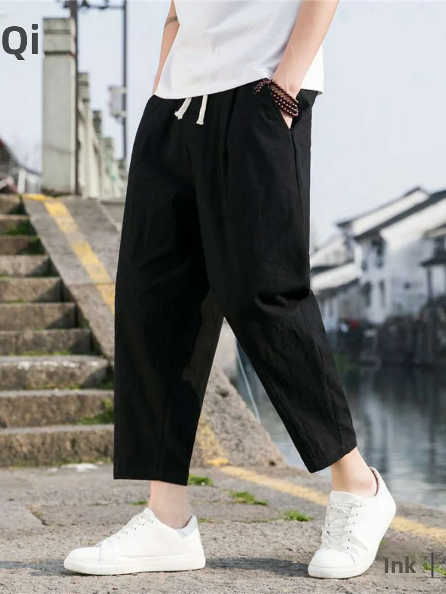 

Spring Summer Men's Loose Wide Leg Casual Pants Thin Linen Nine Points High Waist Trousers Fashionable Japanese Style