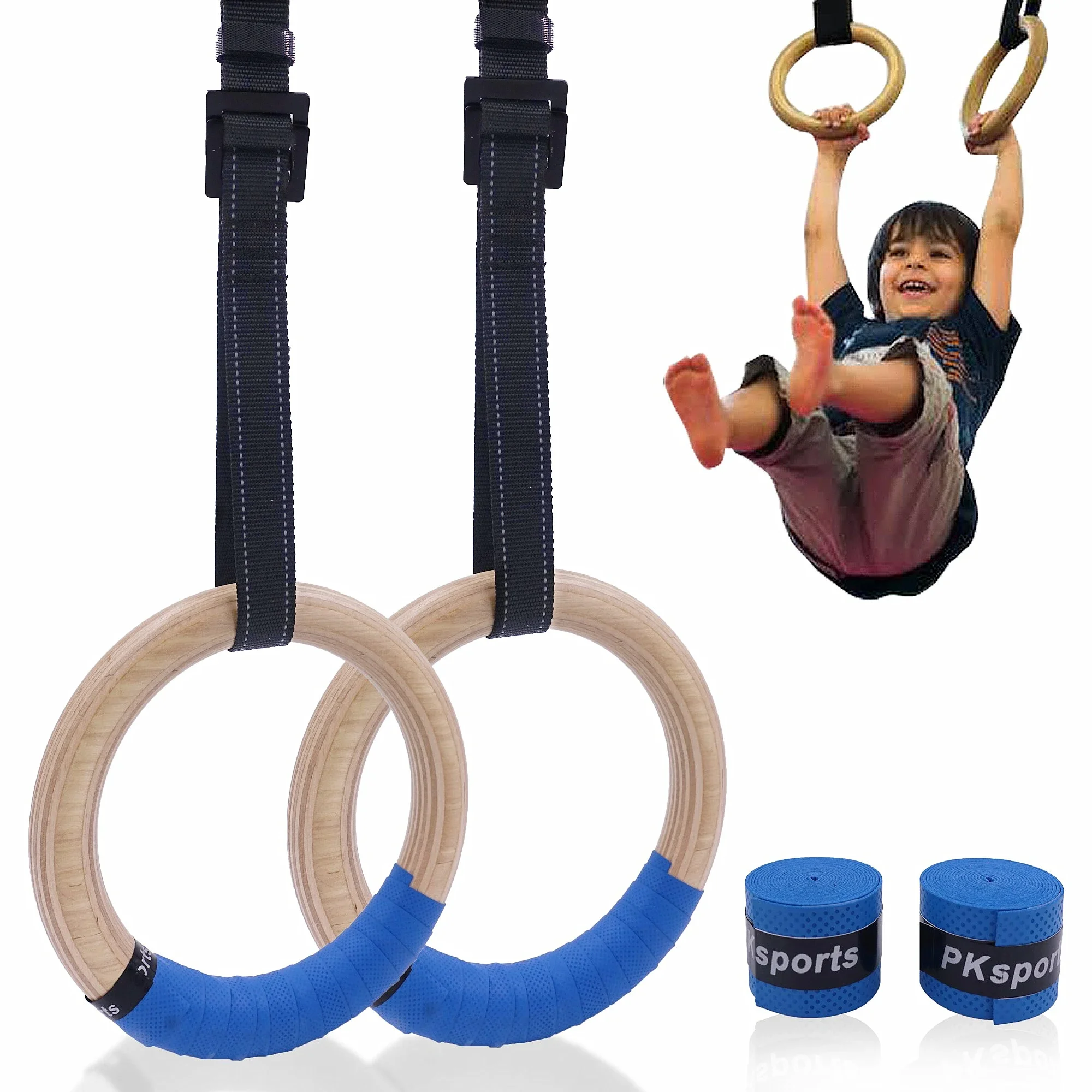 Wooden Gymnastic Rings for Kids 25mm Gym Ring with Adjustable Straps - Indoor Fitness Crossfit Home Playground Gym Pull-up