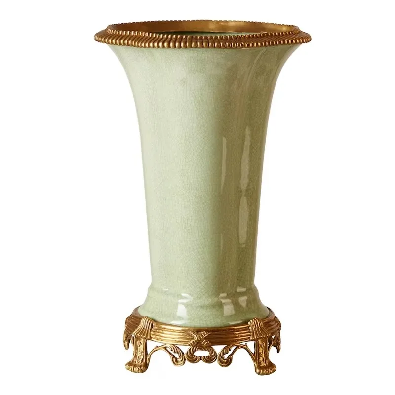 Modern luxury antique ceramic ginger jar, retro green baking vase decoration, art design home desktop decoration