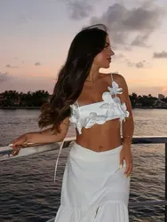 HH 2024 Summer Female Causal Camis Tops Off Shoulder Lace Up Sleeveless Solid Backless White 3D Flower Top Slim Tube Top