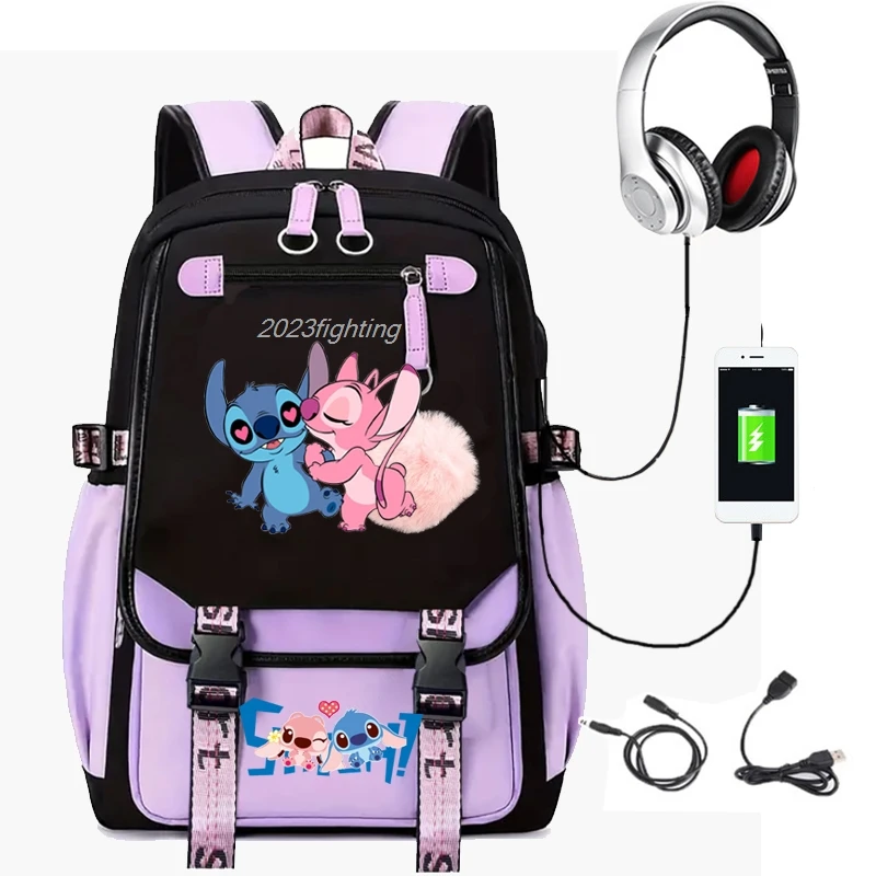 Lovely Stitch Backpacks USB Patchwork Lightweight Laptop Teens School Bags Women Girls  Capacity Cartoon Travel Mochilas