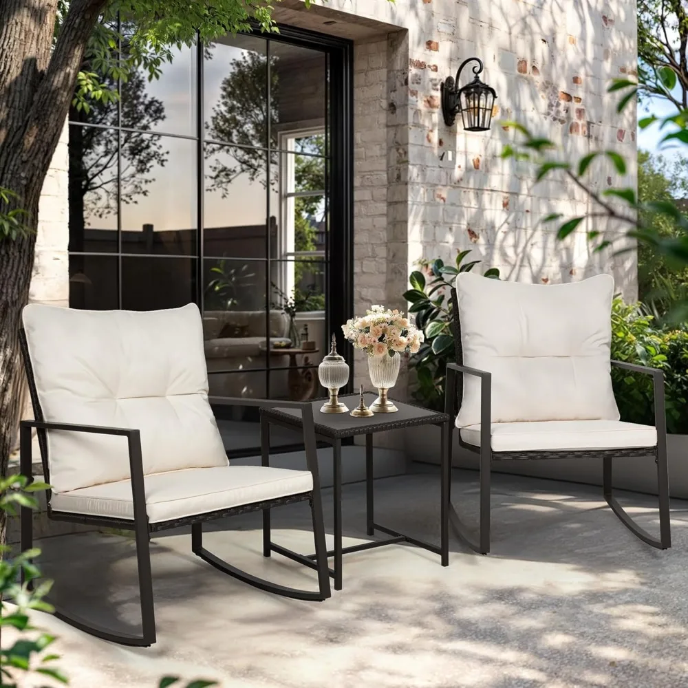 3 Piece Outdoor Bistro Set with Rocking Chairs and Glass Top Table, Beige Wicker