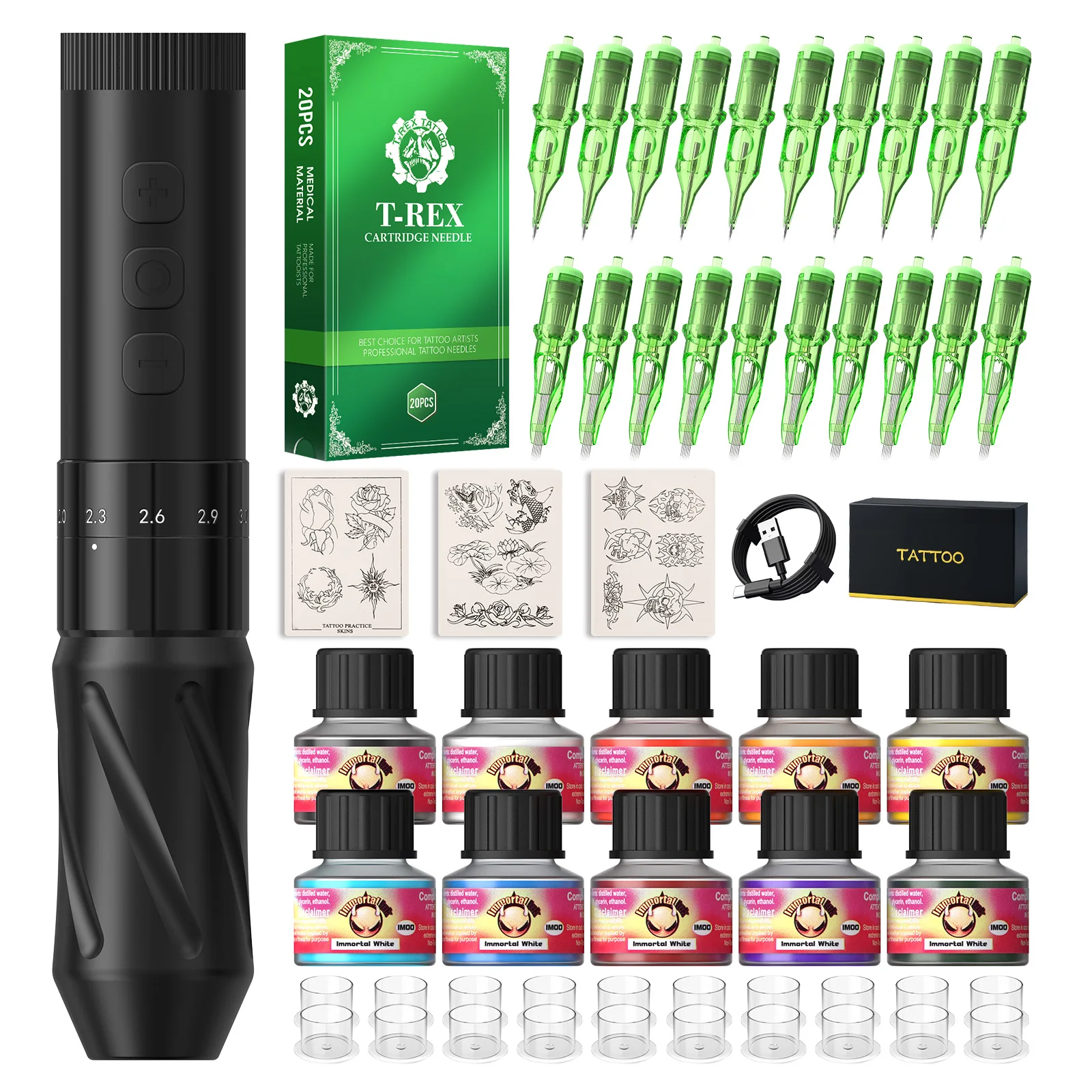 

Tattoo Kit T-Rex Tattoo Wireless Gun Set Professional Tattoo Pen Machine with Tattoo Needle/Ink/Practice Leather/Color Cup