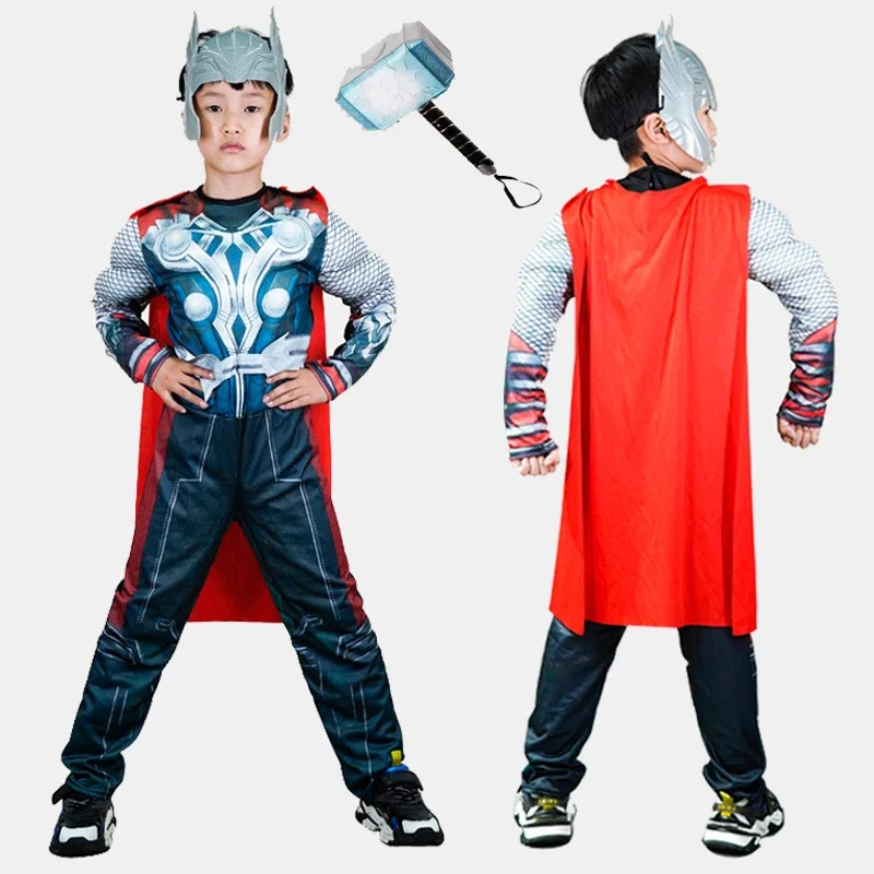 Kids Thor Cosplay Costume The Avengers Thor Muscle Bodysuit Superhero Suit Hammer Mask Halloween Carnival Clothes For Child Boy