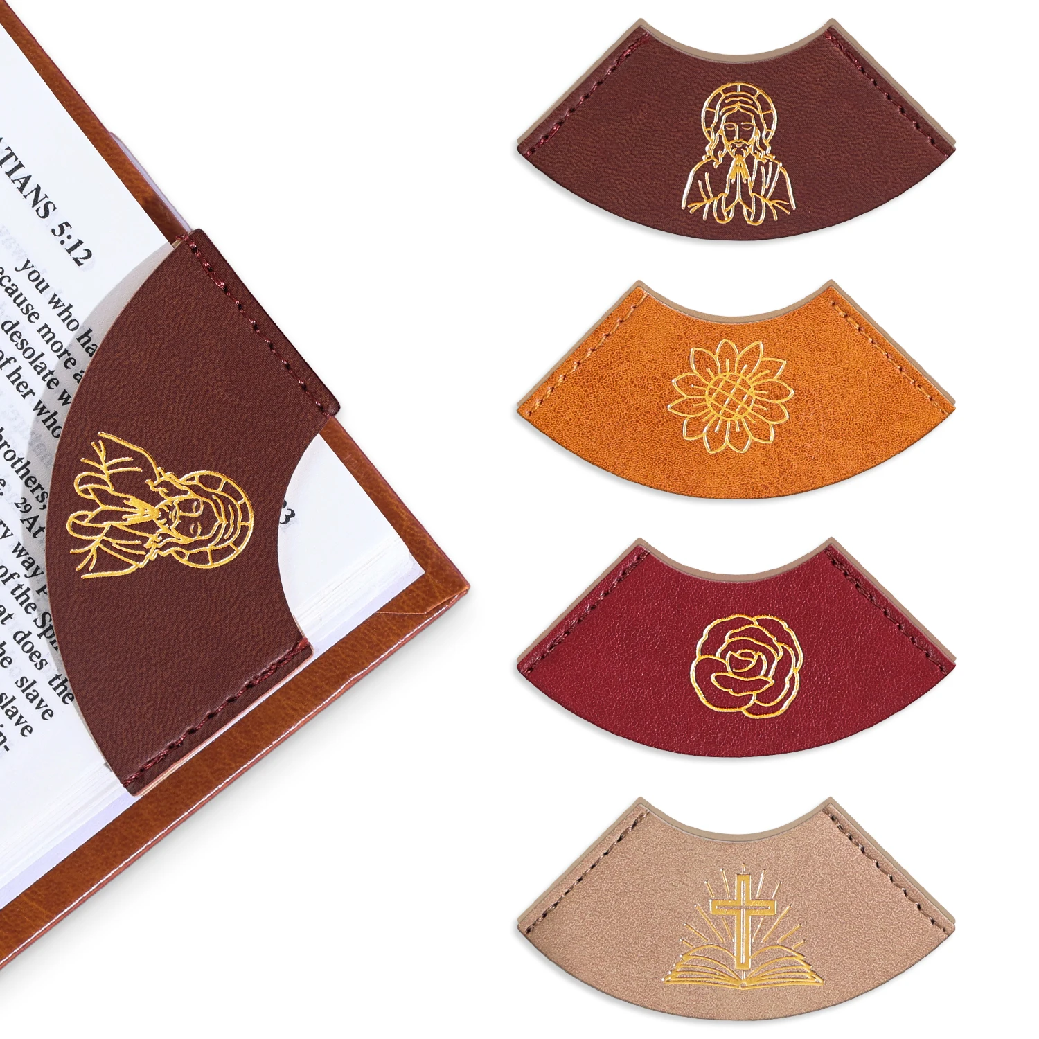 

2Pcs Christian PU Leather Corner Bookmarks, Vintage Engraved Jesus Cross Flower Design Book Marks, Gift for Bible Lovers