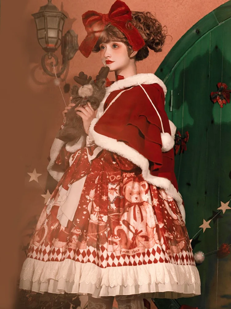 Coalfell Autumn/Winter OP Long Sleeved Lolita Dress Daily Cute Christmas Atmosphere Plush Cloak Coat New Year's Clothing