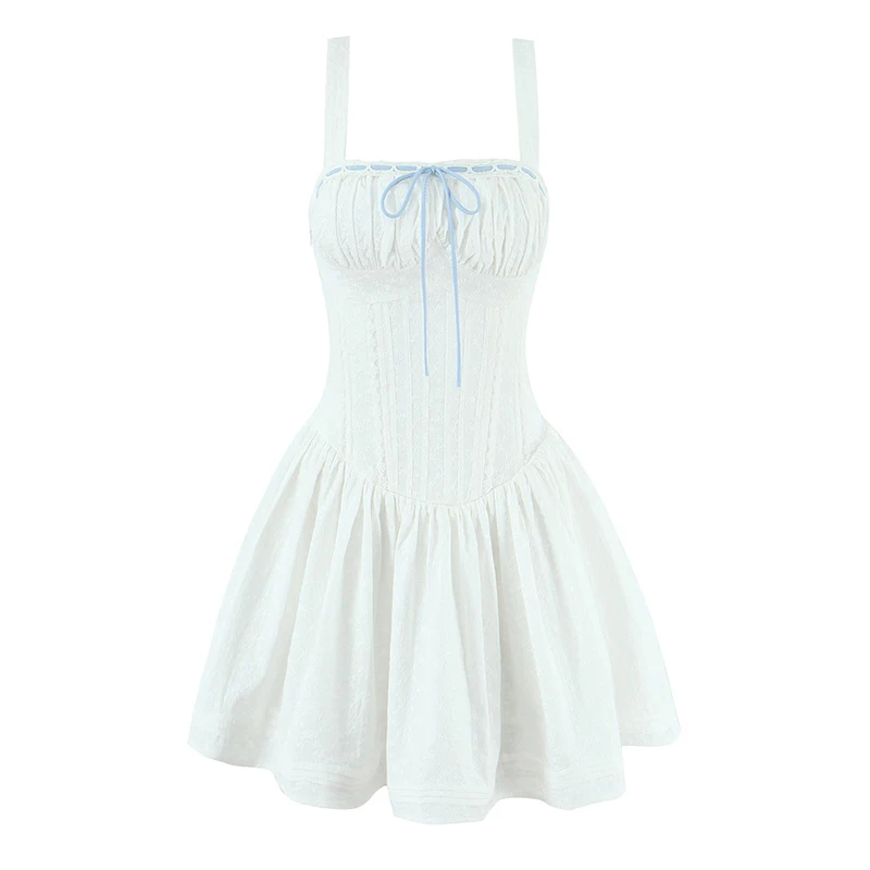 Yenkye doce menina branco estilingue mini vestido feminino estilo francês sexy cintura baixa a linha vestidos de verão férias vestido de renda até robe