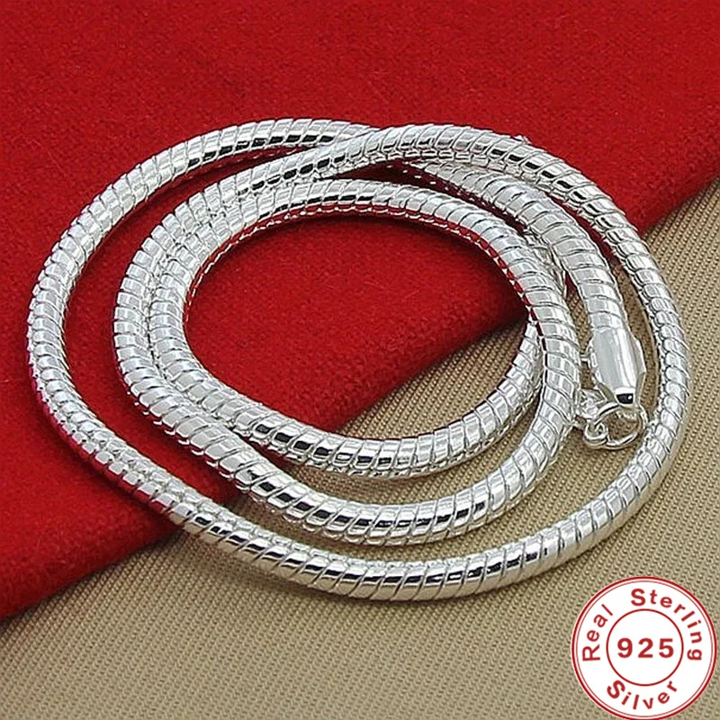 Hot Sale 40-75cm 925 Sterling Silver 3mm Solid Snake Chain Necklace For Men Women Fashion Jewelry Fit Pendant Noble