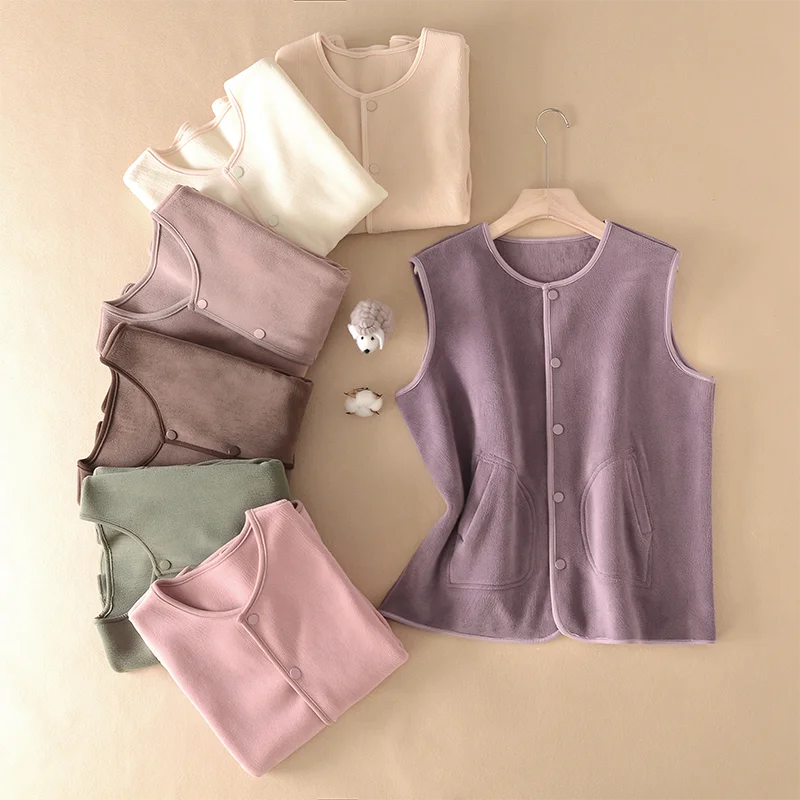Women's Warm Fleece Lined Thickened Winter Vest Short Sleeve Jacket Outerwear Large Size round Neck Single Button Closure