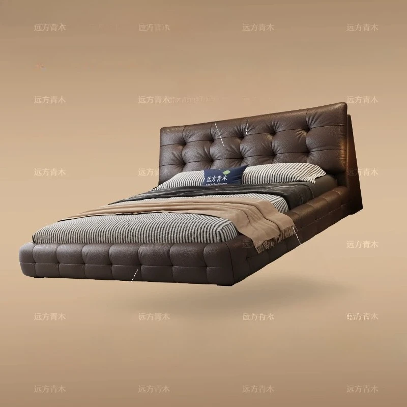 Italian minimalist top layer leather black bear bed side bed master bedroom elegant Italian high‑end atmospheric storage bed
