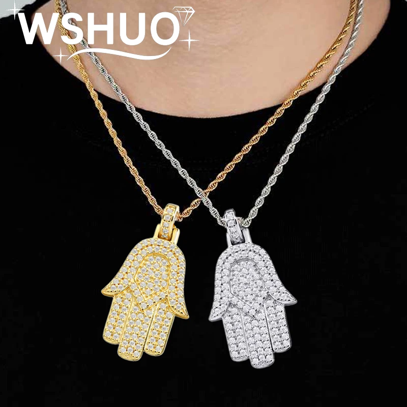 

Moissanite Hamsa Handmade Necklace S925 Silver 18k Gold Plated Full Diamond Pendant Necklace for Women Men HipHop Jewelry Gift