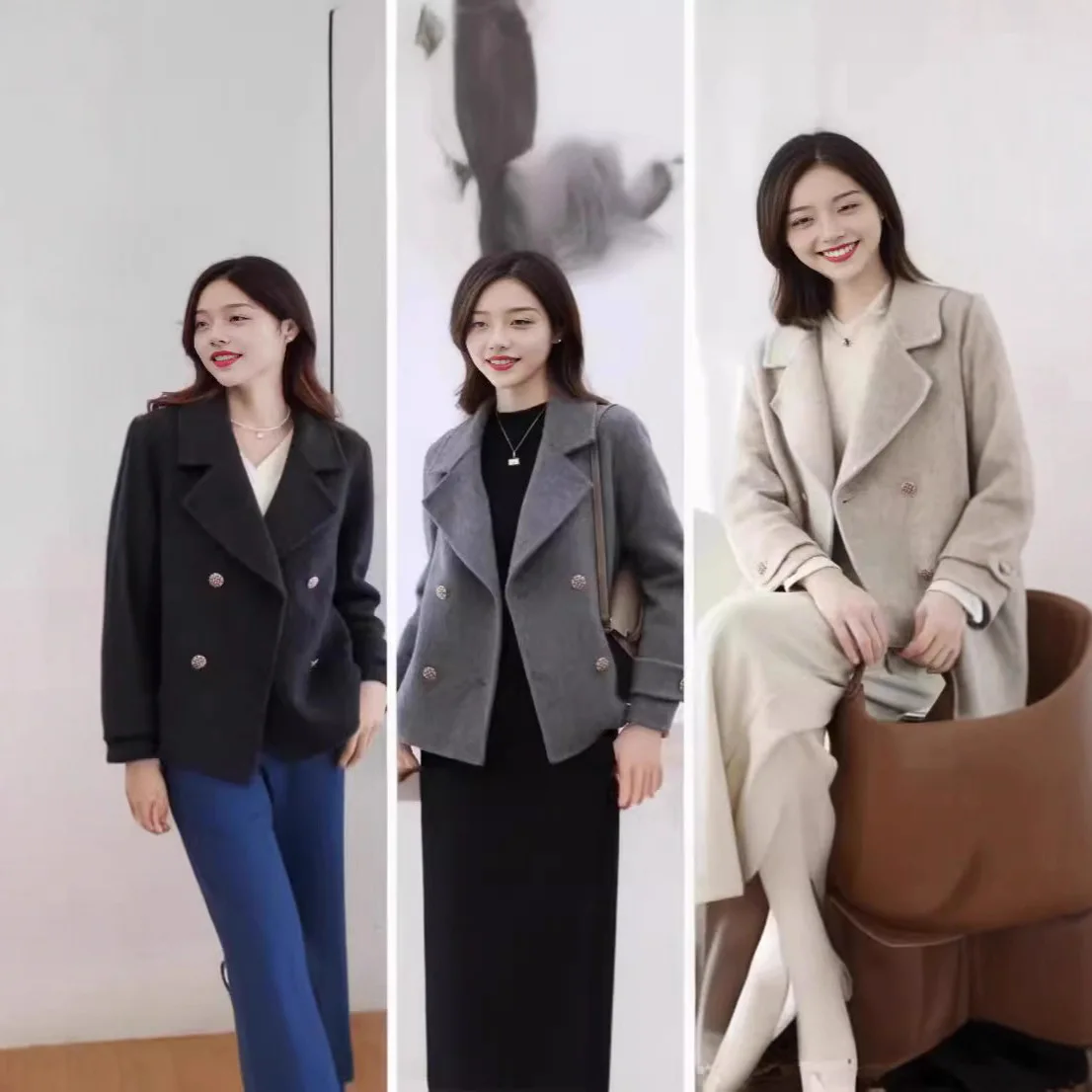Women Wool Tailored Coats Solid Short Jackets Button Lapel Collar Long Sleeves Loose Fit Double Breasted Casual