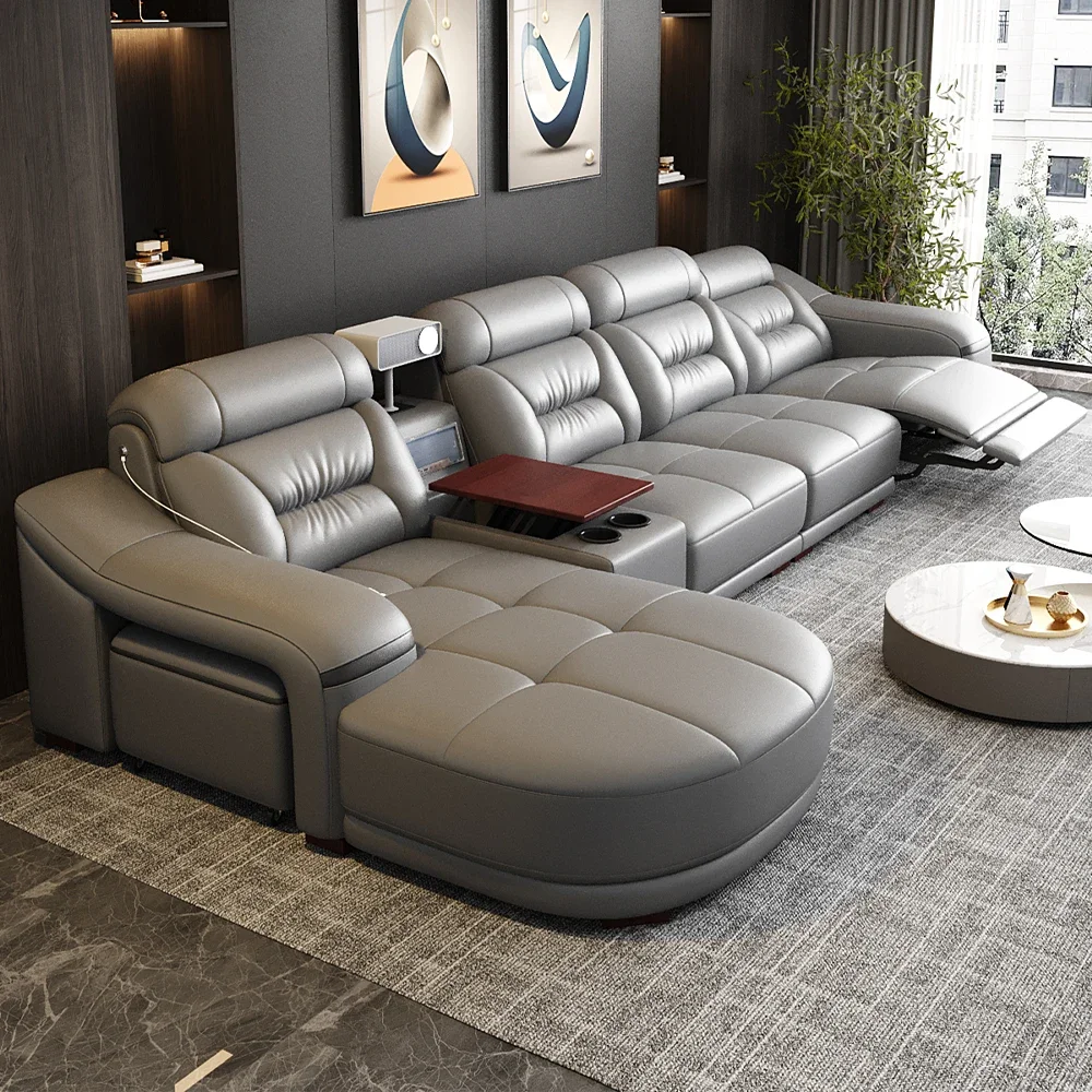 

Linlamlim Genuine Leather Living Room Sofas Power Reclining Couch Electric Recliners With Projector, USB, Speaker & Cup Holder