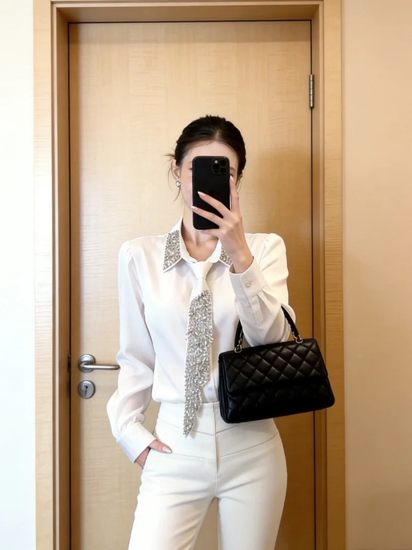 

Потрясающая белая блузка с бриллиантовой отделкой в корейском стиле для женщин, весенняя коллекция, элегантный женственный топ премиум-класса