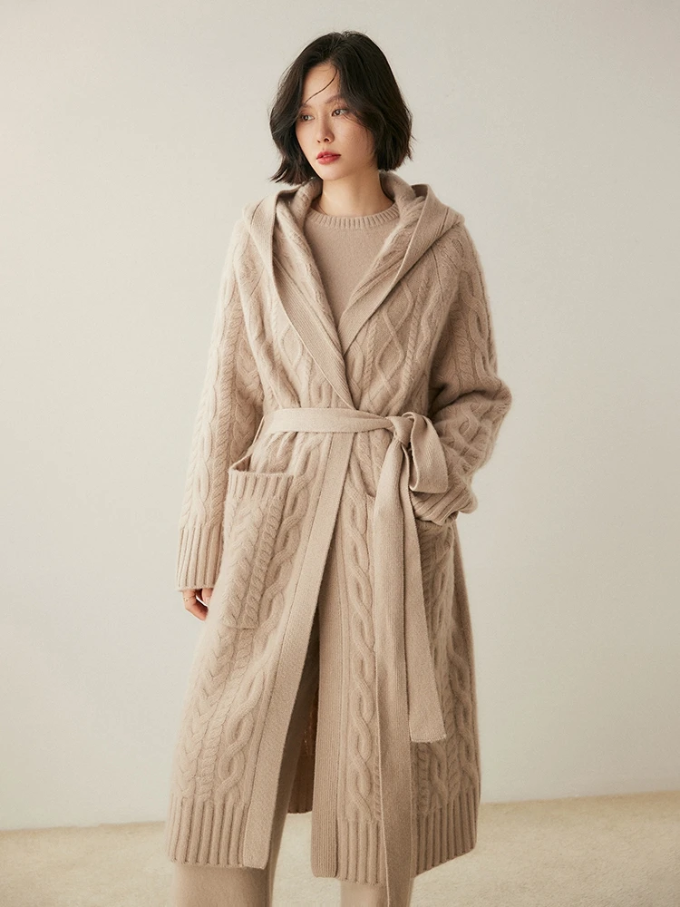 Cardigan lungo con cappuccio da donna di fascia alta Cappotto maglione di cashmere 100% Autunno Inverno Spessore caldo Maglieria di cashmere