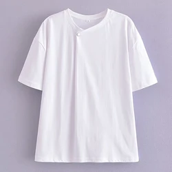 Withered Fashion Simple Summer T-shirt Button Decoration Round Neck Pure Cotton White T-shirt Women Top